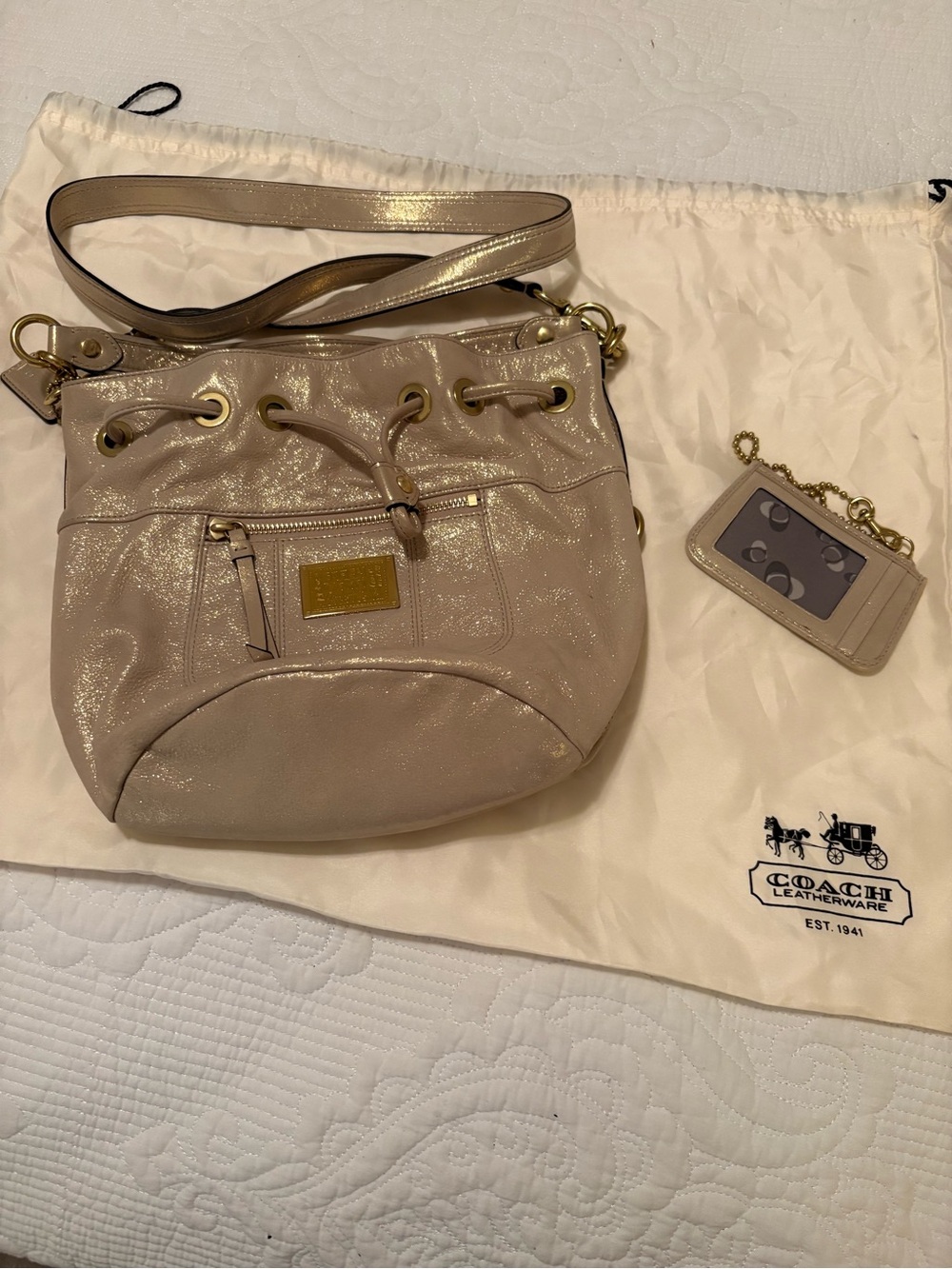 Coach Shimmer Pebbled Drawstring Shoulder Bag in Gold